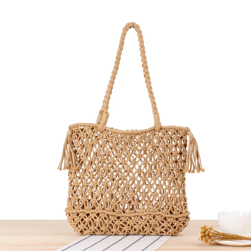 Beach Tote for Women,Bohemian Beach Bag Colorful Cotton Rope Woven Hollow Out Handle Bag with Wood Color Handle Light Brown