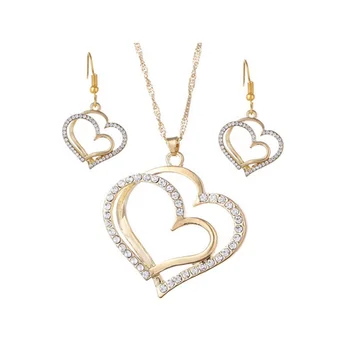 Best sale new trending jewelry set , Wedding dress party double heart necklace and earring jewelry for women