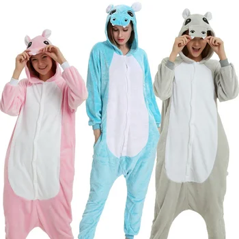 Wholesale Cartoon Flannel Unisex Adult Pink Blue Gray Hippo Onesie Animal Onesies Pajamas Sets Sleepwear