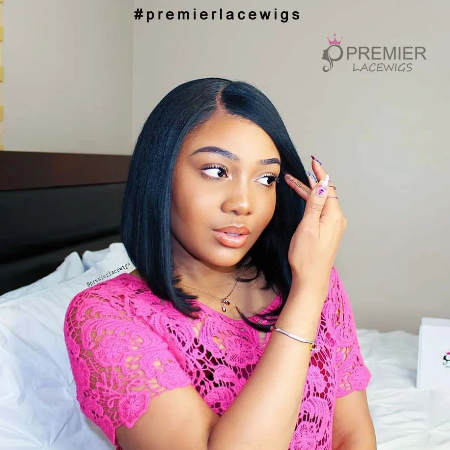 Swept Bangs Bob Style Yaki Straight Lace Front Wig