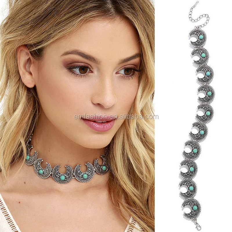 Vintage Retro Bohemia Style Blue Turquoise Alloy Choker Necklace Fashion Chains Jewelry