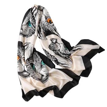 Wholesale 2018 hot sale silk satin women scarf high quality 4 colors luxury personalized cat print animal silk scarf wrap shawl