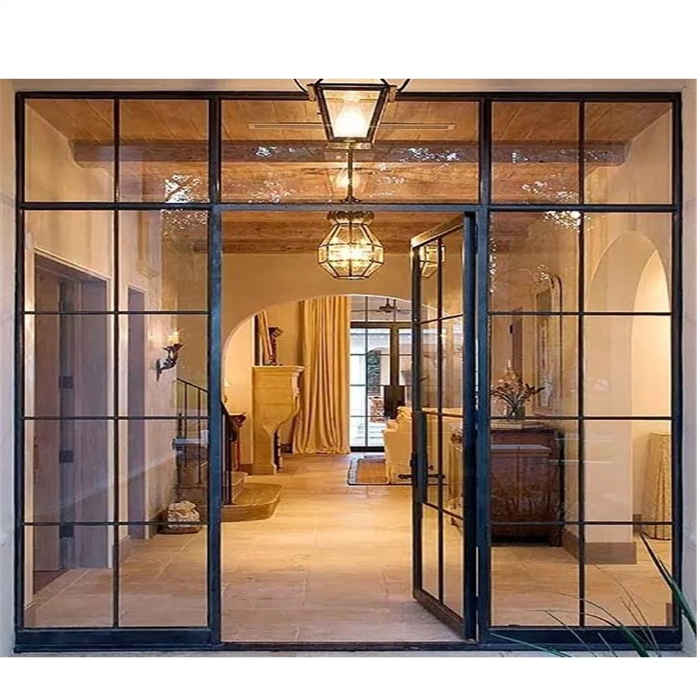 China Supplier Customized Size Wrought Iron Doors and Window Double Large  Glass Fixed French Door, image size:1000x1000