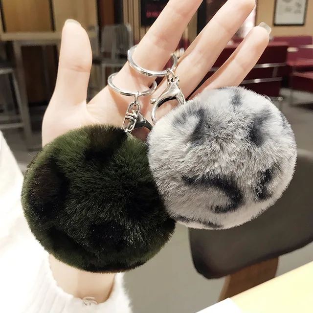 Fluffy Leopard Print Heart Keychain Pompom Rabbit Fur Ball Key Chains Car Bag Keyring