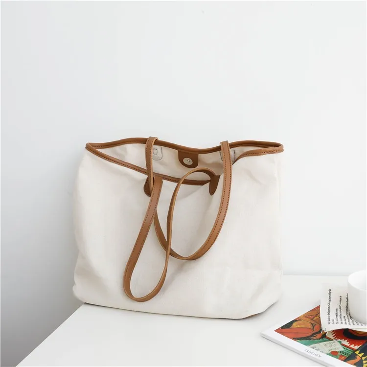 Leather Handbag Handle Canvas Women Tote Bag Plain School Shopping Travelling, Wholesale & OEM/ODM Welcome