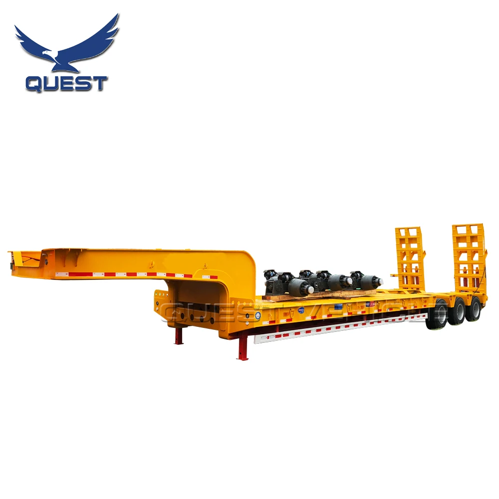 QUEST Excavator Loader Lowboy Lowbed Semi-trailer 2 Lines 4 Axles  Lowbed Ramp Trailers Low Bed Tractor Trailer100 Ton