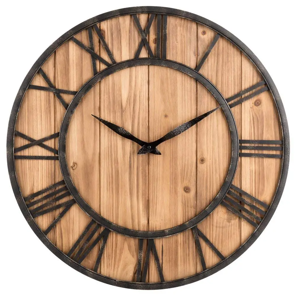 Farmhouse Rustic Barn Vintage Bronze Metal Solid Wood Noiseless Big Oversized Wall Clock X Large 24 Inch Buy Clock Wood