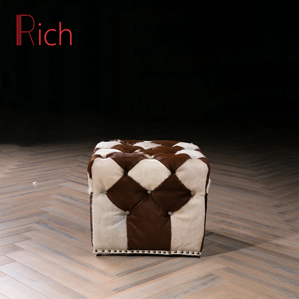Cowhide Fur square Stool Cube Ottoman Cowhide Leather Stool Black and White Padded Fabric Overstuffed Footstool Ottoman