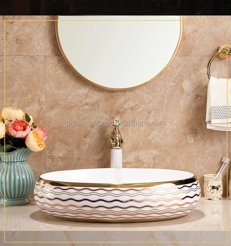 Luxury Lavabo Countertop Vessel Golden Plated Art Hand Wash Basin ...