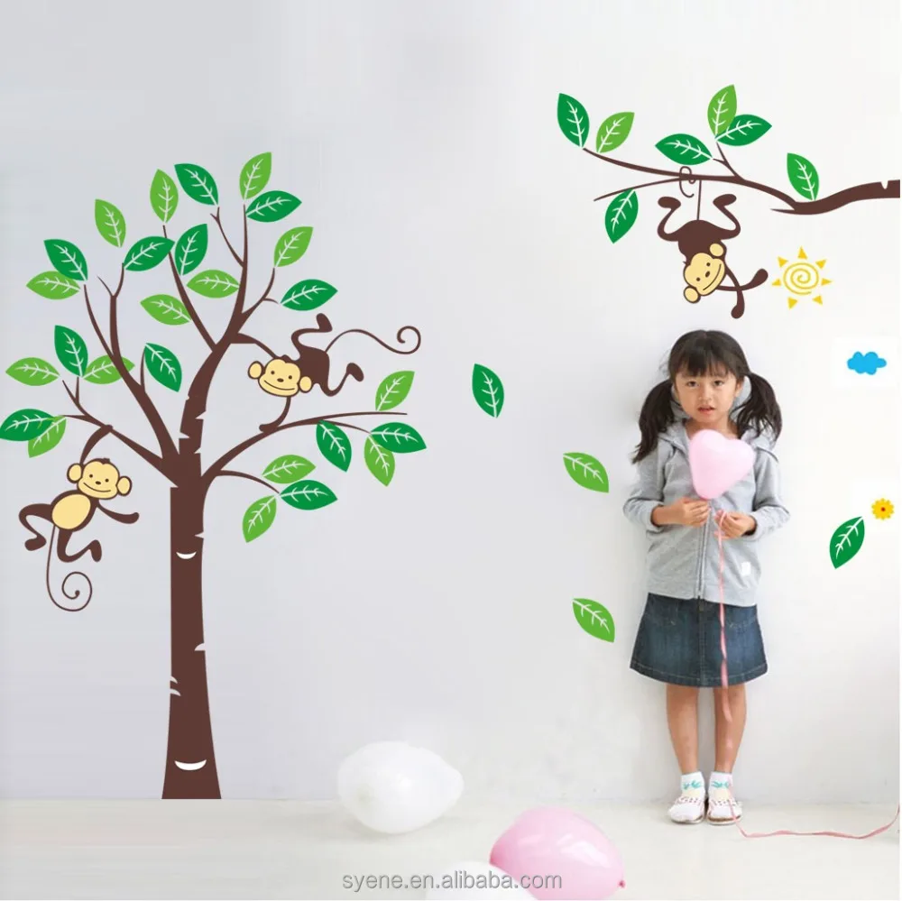 Monkey Climbing Tree Wall Decals - Jungle Animal Kids Stickers, image size:1000x999