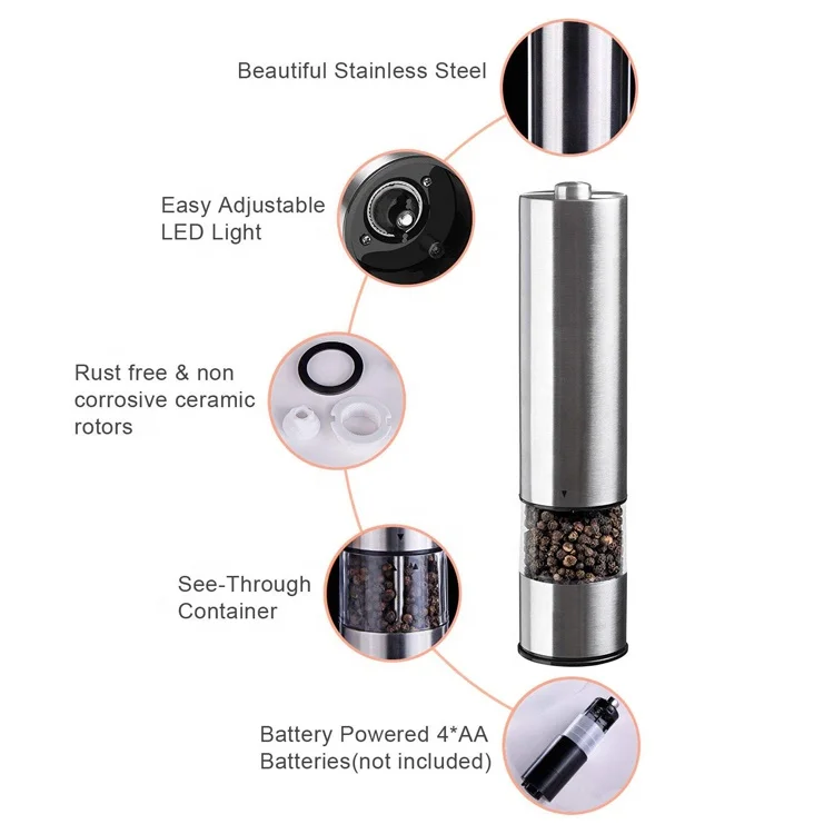 Adjustable Thickness Automatic Pepper Grinder Battery with Blue LED Light 70 ml Pepper Grinder