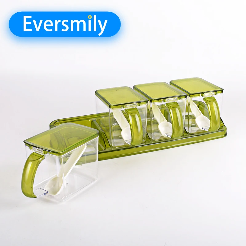 Wholesale Spice Container 4 Compartments Set Plastic Square Spice Box with Spoons Spice Rack Set Kitchen Accessories