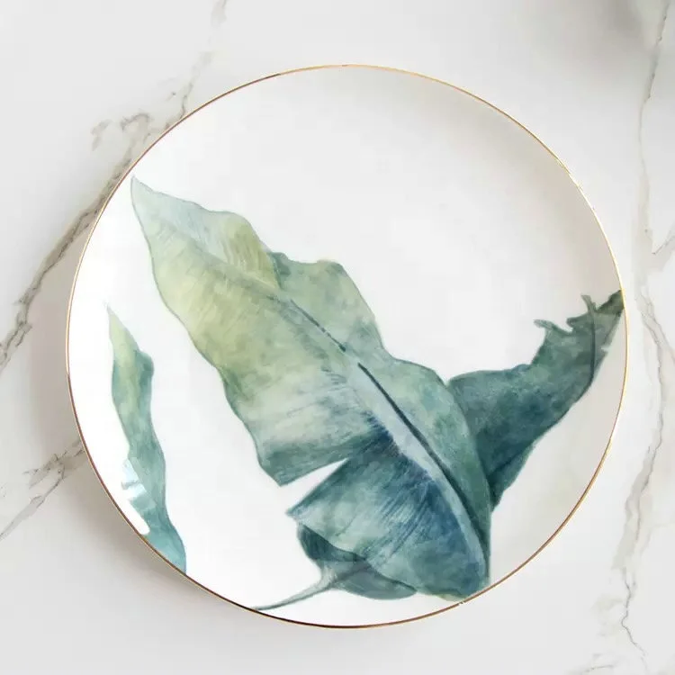 Hot Sale Summer Style Green Gold Rim Areca Palm Leaf Plates Banana Leaf  Ceramic Plates