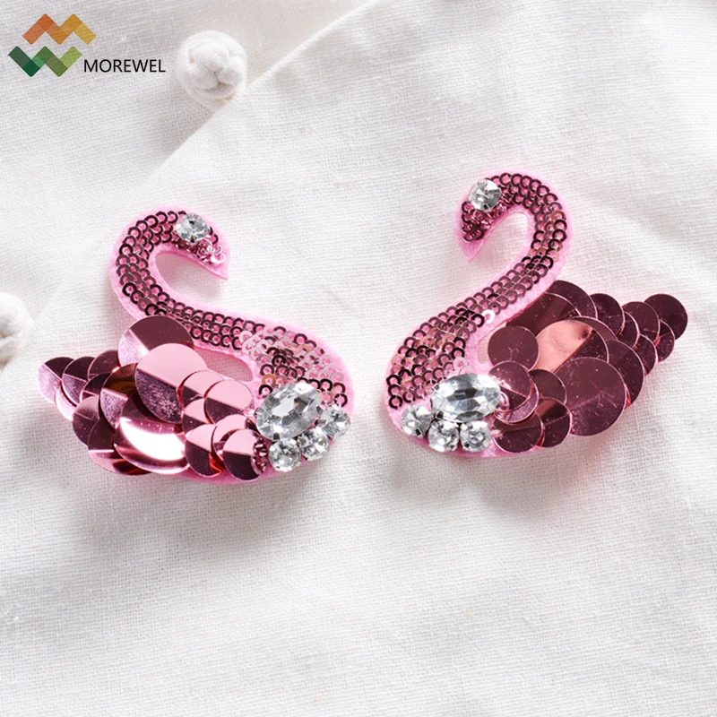 Pink Swan Perles Strass Brodé Patch Sew On Applique Vêtements Décoration