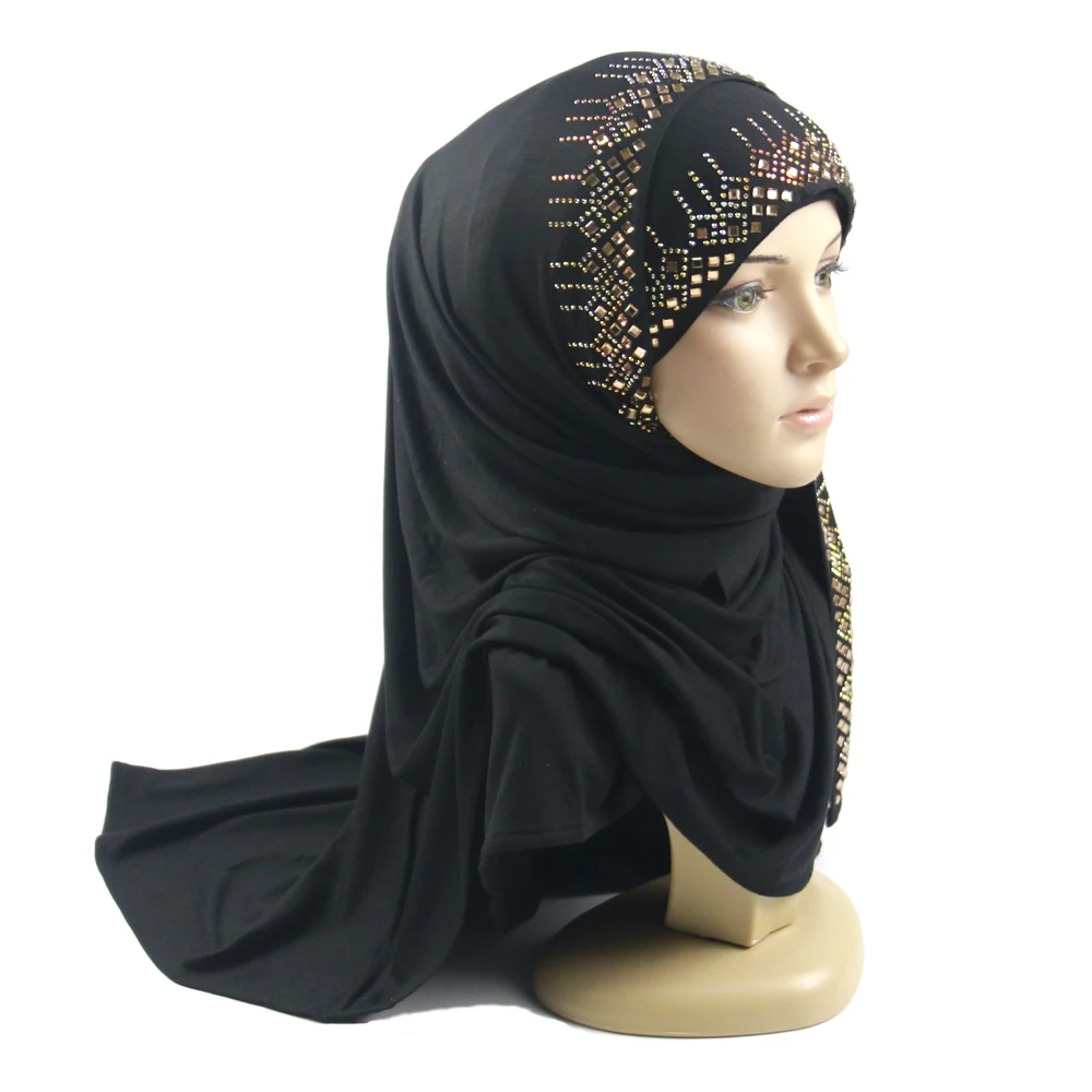 2021 Wholesale Plain Black Rhinestone Diamond Scar Shawl Stretch Jersey Cotton Hijab With Golden Stone for Women