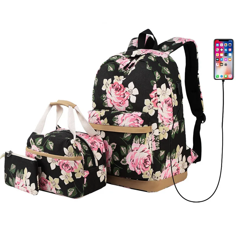 3pcs Girls Floral Backpack Set School Bags Daypack Bookbags Lunch Bag Purse 