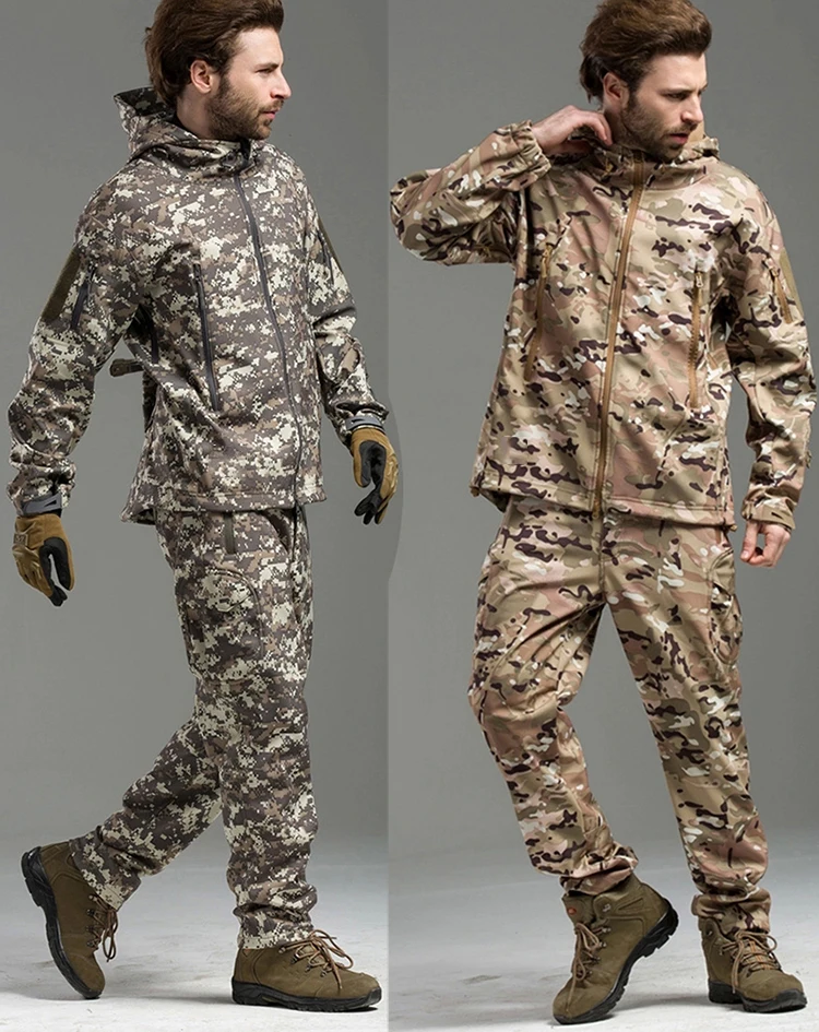 Men's Outdoo Tactical Camouflage Watepoof Softshell Hooded Combat Jacket Hiking Camping Winte Coat Fleece_voghion.com