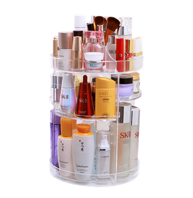Adjustable 360 Degree Rotating Cosmetic Storage Display Case Clear Transparent Makeup Organizer