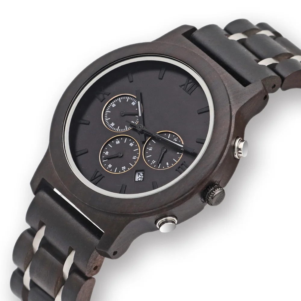 Classic Three Eyes Clock Fashion Men Quartz Chronograph Wood Wrist Watch Stopwatch Date Design Business relojes hombre