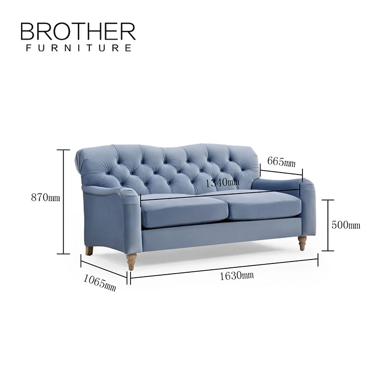 Classic Blue Tufted Loveseat Sectional Sofa Set Wooden Frame Chesterfield Style for Home or Hotel Living Room Furniture