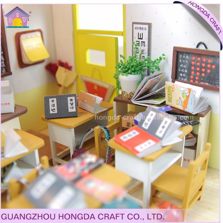 Primary School Teacher Model With Light and Furniture Diy Miniature Dollhouse Children Wooden Toy House