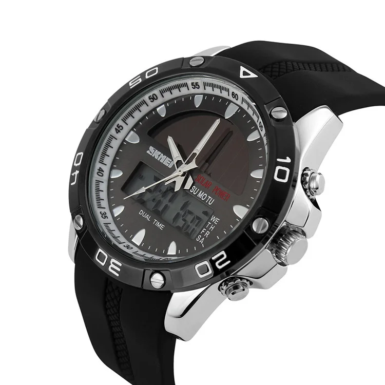 High Energe Sun Panel Solar Power Watch,Dual Time Wrist Watch with Silicone Strap