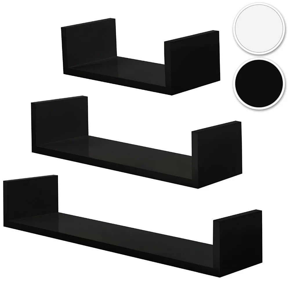 Set of 3 U Shape MDF Wall Mount Floating Black Shelves for Room and Office Book Display Stand