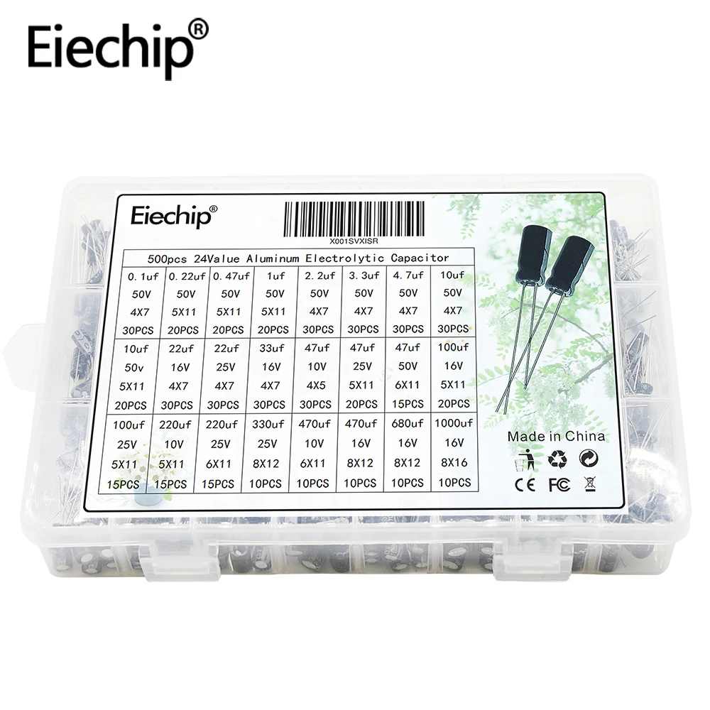 Eiechip 24value 500pcs Aluminum Electrolytic Capacitor Kit Radial Lead