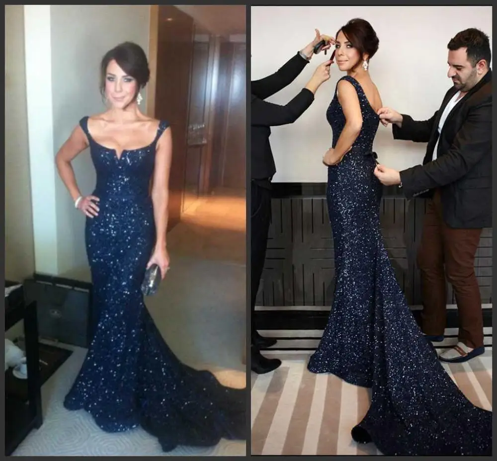 Sexy Off Shoulder Celebrity Beaded Sequins Navy Blue
