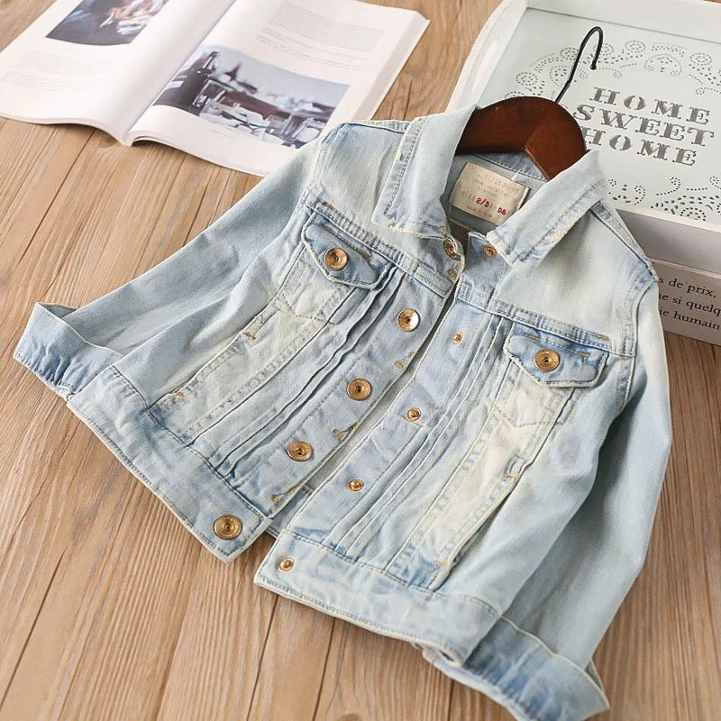 Весенняя детская джинсовая куртка для девочек однотонная бутиковая одежда оптом