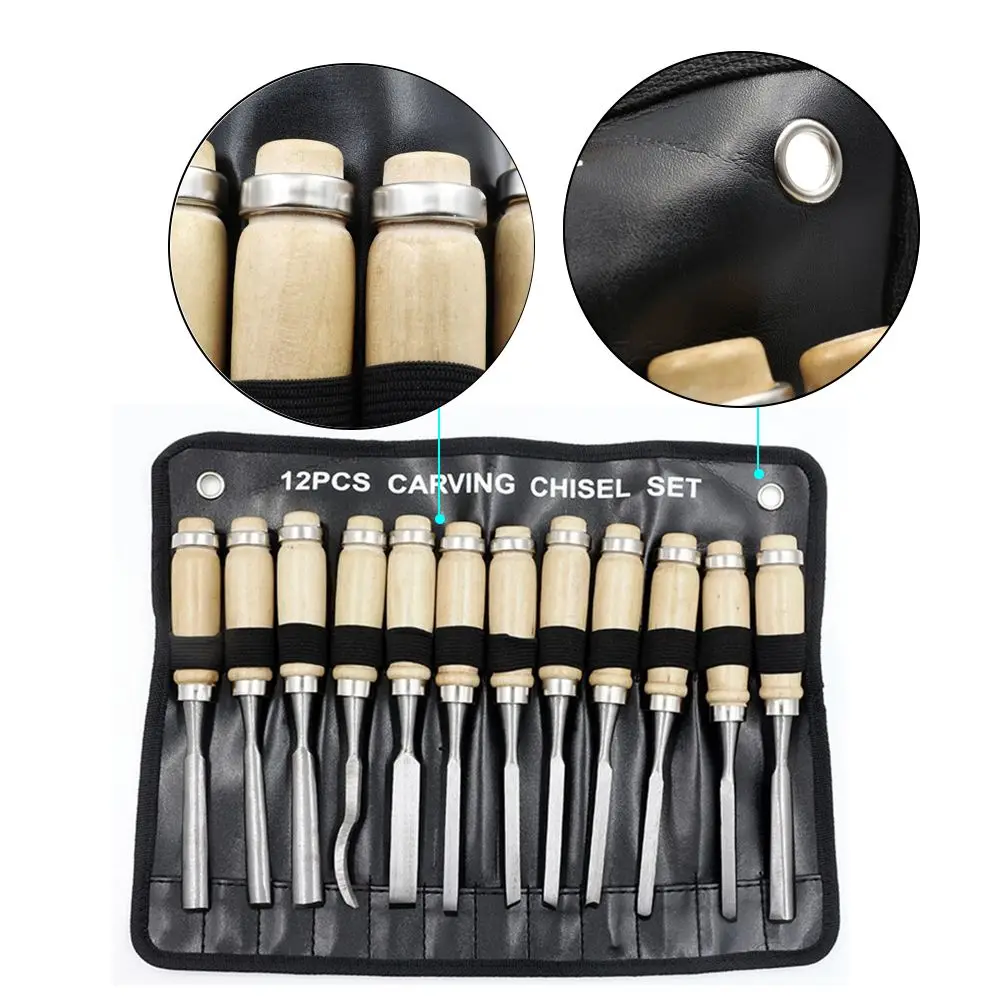 Professional 12X Manual Wood Carving Hand Chisel Tool Set Carpenters Woodworking 