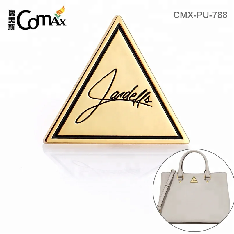 Custom Triangle Shape Golden Metal Name Tag with Black Logo for Bags