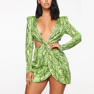 Neon Green Snake Print Sexy V Neck  Bodycon Club Party Dress Women