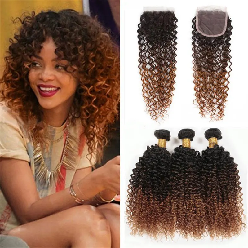 Unprocessed Two Tone Ombre 1b Brown Short Length Virgin Afro Kinky Curly Human Hair Weaves