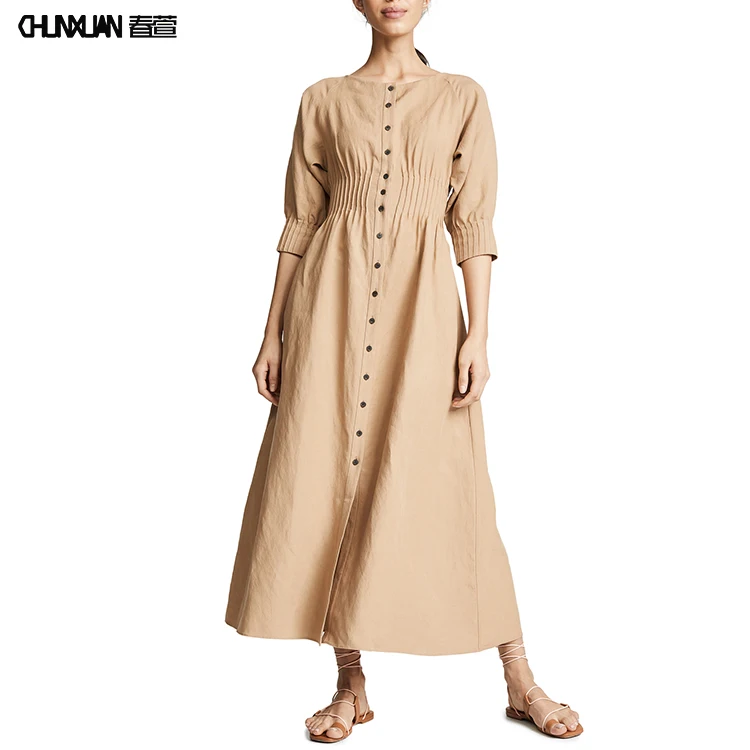 New Fashion Lady Simple Button Front Casual Design Dresses Women Seven  Sleeve Cotton Maxi Dress - Buy Maxi Dress,Casual Dress,Lady Fashion Dress  Product on Alibaba.com