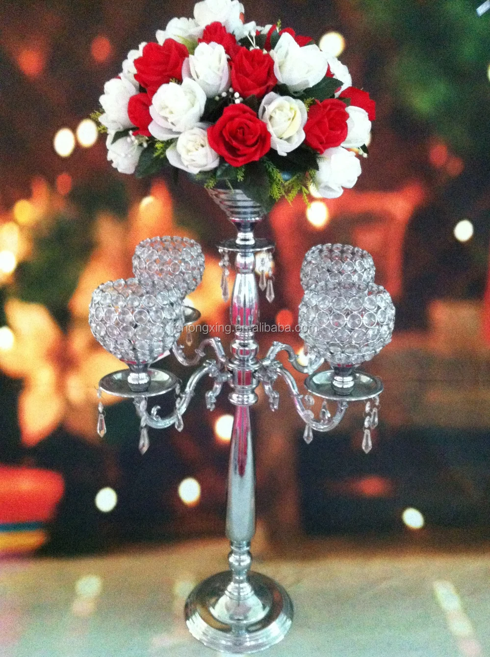 5个手臂银色水晶烛台,用于婚礼餐桌装饰