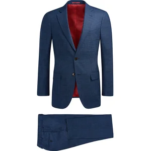 Men's Business Suit Slim Blue Woolen Plaid Pattern Double-Breasted Closure Button Decoration Plus Size 2-Piece Coat Pant for