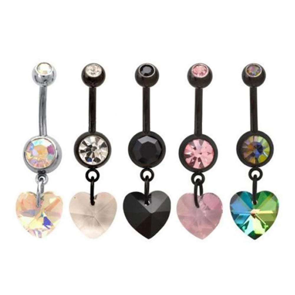 Navel Ring Double Jewelled Dangle Prism Heart Belly Bar