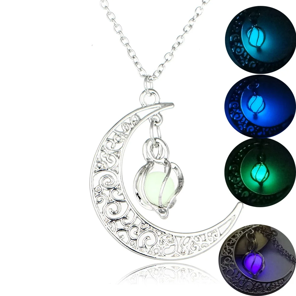 FRCOLT Glow In The Dark Luminous Necklace Moon&Pumpkin Pendant Silver Plated Moon Pendent 