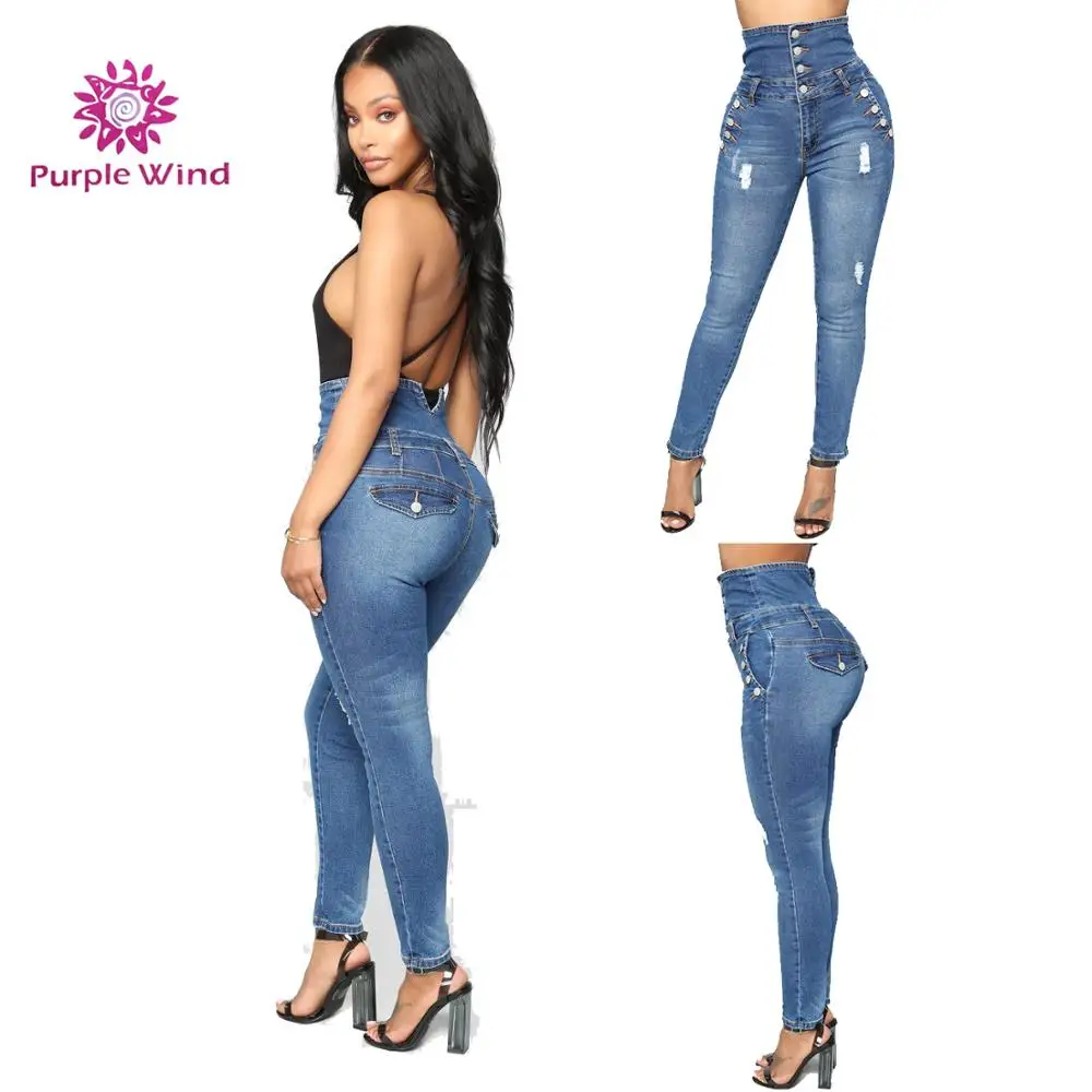 High Waist Button Design Skinny Plus Size Colombian Jeans for Womens