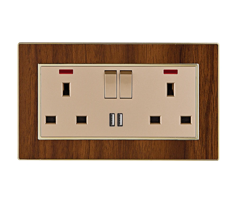 British Standard Double Wall Switches and Sockets Electrical Outlet Plug 2 Gang 2 USB Wall Socketes With Usb and Neon