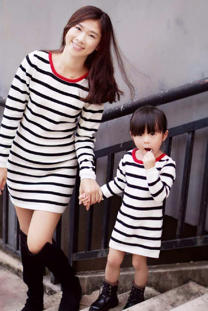 Family Matching Outfits Summer Cotton Striped Dress Mother and Daughter Long Sleeve Dress Girls Clothing