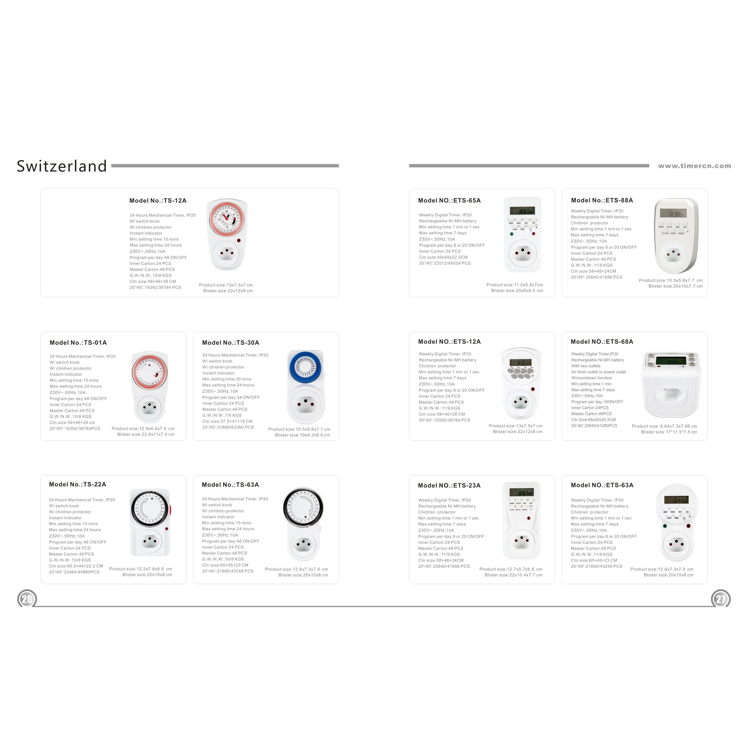 Switzerland 24 Hours Programmable Manual Mechanical Timer Plug Sockets Switches for Home Appliance