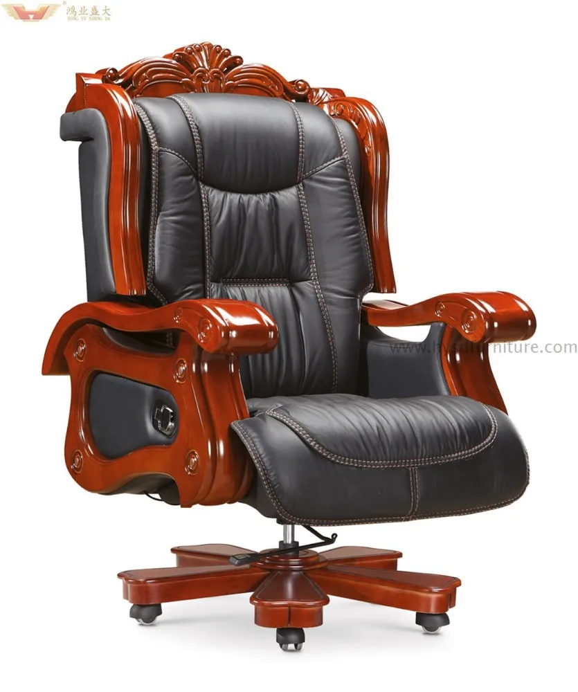 Luxury Black Genuine Leather Executive Office Chair with Teak Wood ...