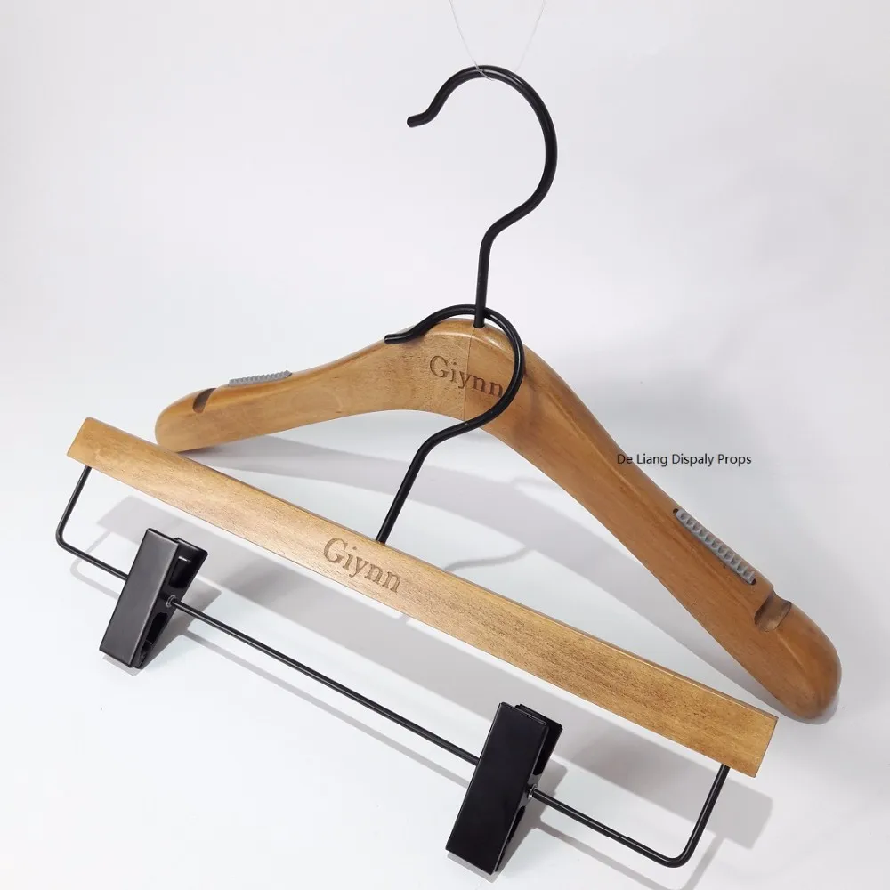 wooden hangers with black hook