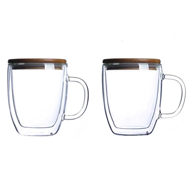 450ml Double-Wall Glass Coffee Mugs with Bamboo Lid