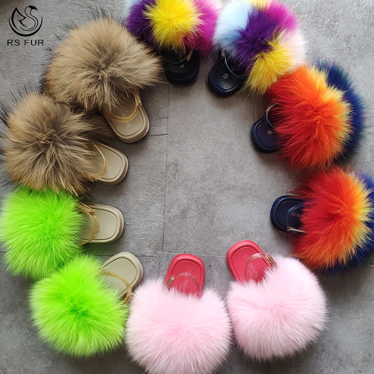 US Popular different color combine design fluffy fox fur slippers kids fur slides