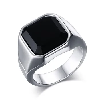 Square Black Onyx Stone Ring Stainless Steel Men Fashion Jewelry