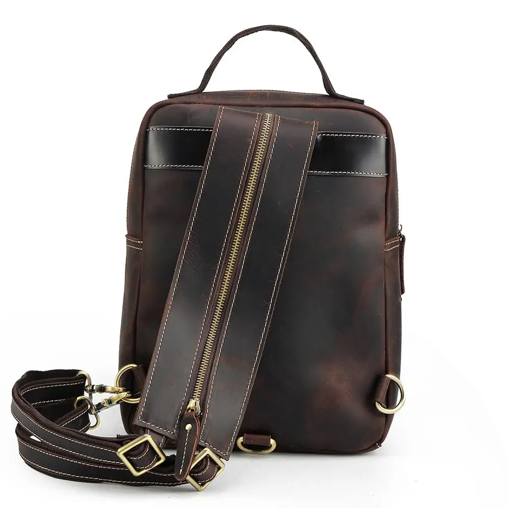 TIDING Small Sling Genuine Leather Chest Backpack Unisex Vintage Leather Back Pack