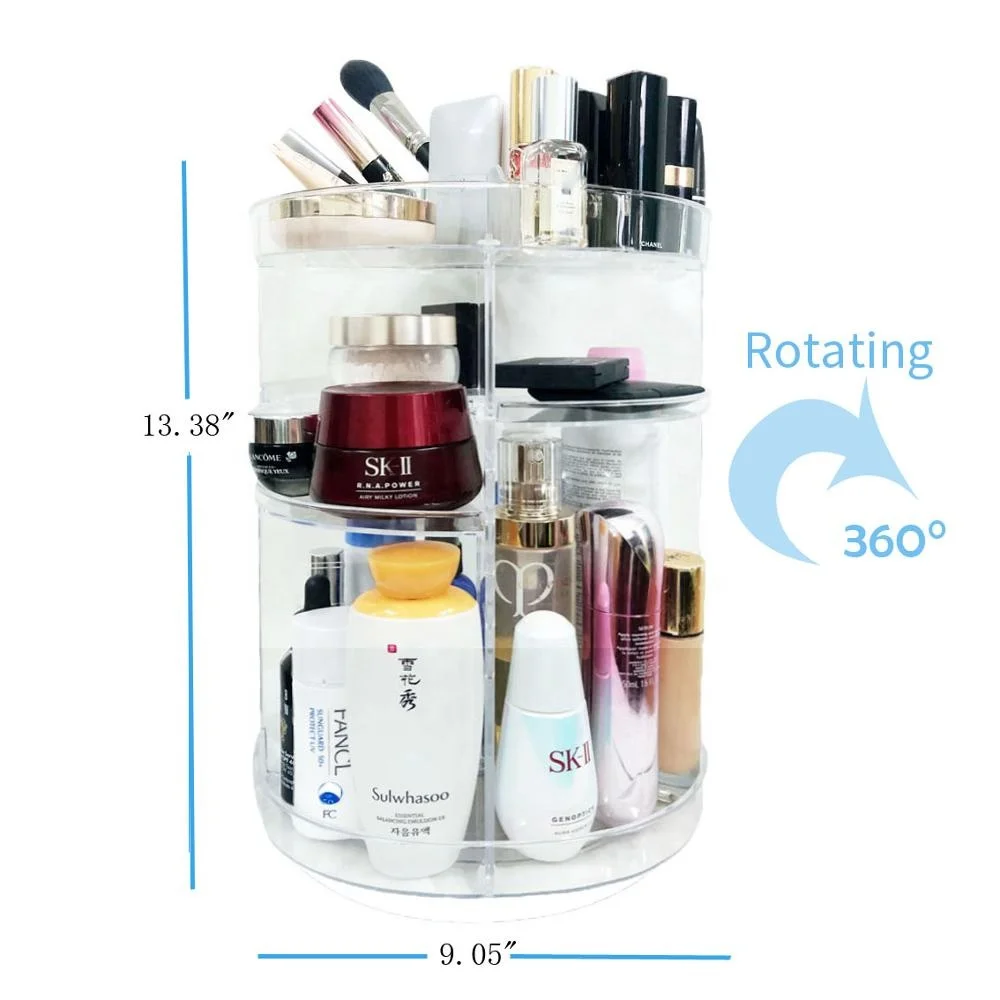 Adjustable 360 Degree Rotating Cosmetic Storage Display Case Clear Transparent Makeup Organizer